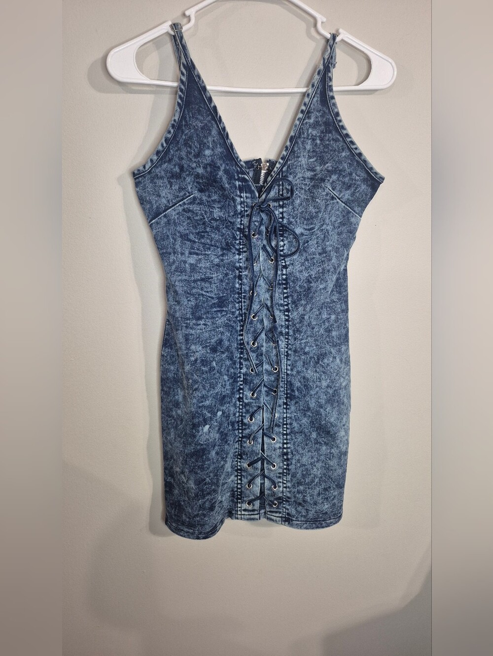 Acid Wash Denim Lace-Up Mini Dress